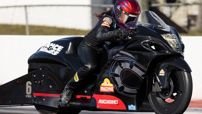 Angelle Sampey aboard the V&H NHRA Pro Stock motorcycle.  Photo: Vance & Hines