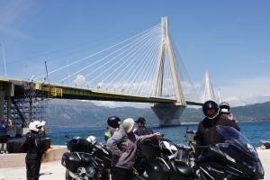 Regrouping after crossing the Gulf of Corinth bridge and before lunch.